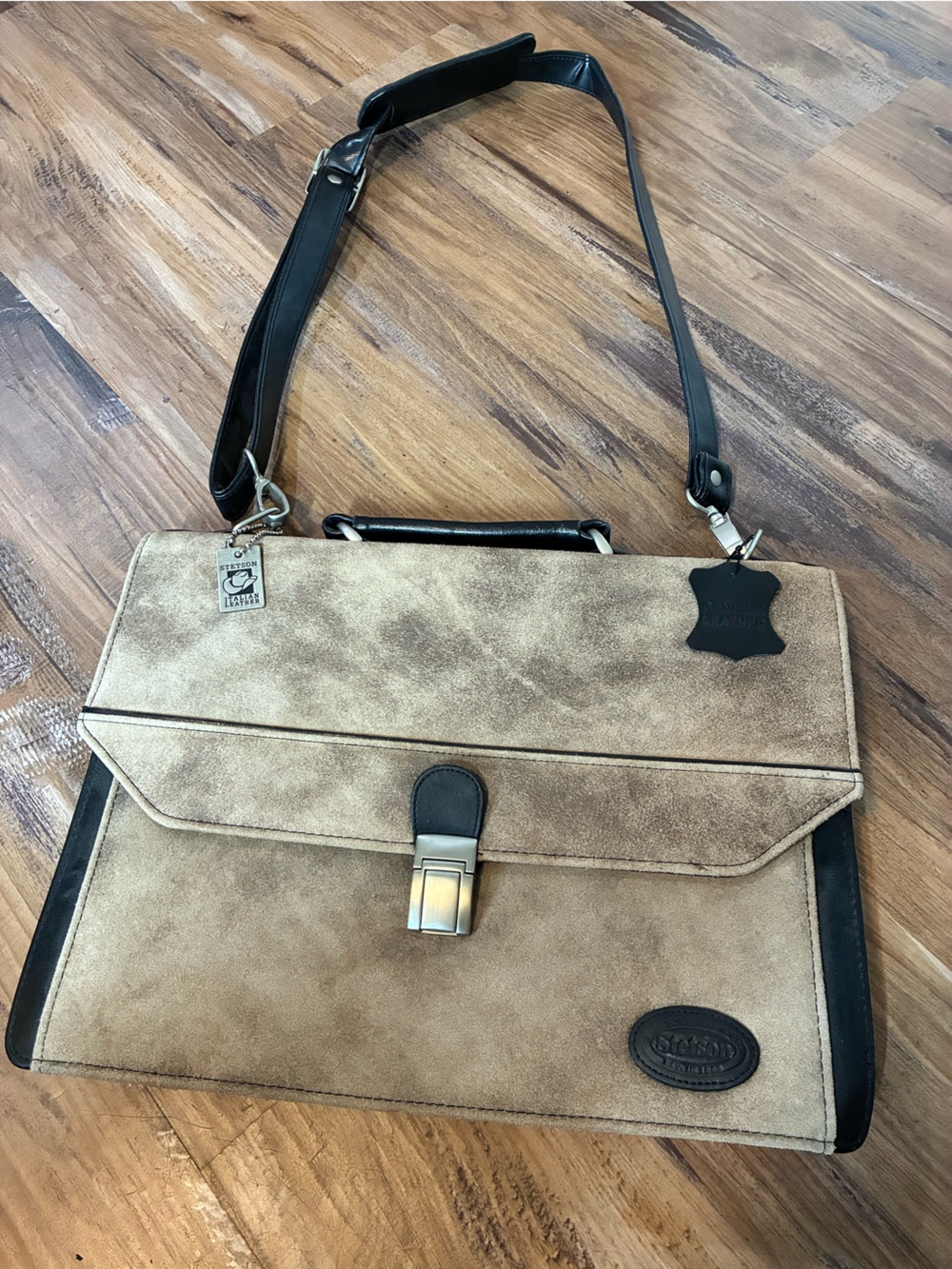 Stetson Leather Suede Beige & Black Briefcase Satchel Bag Business Man